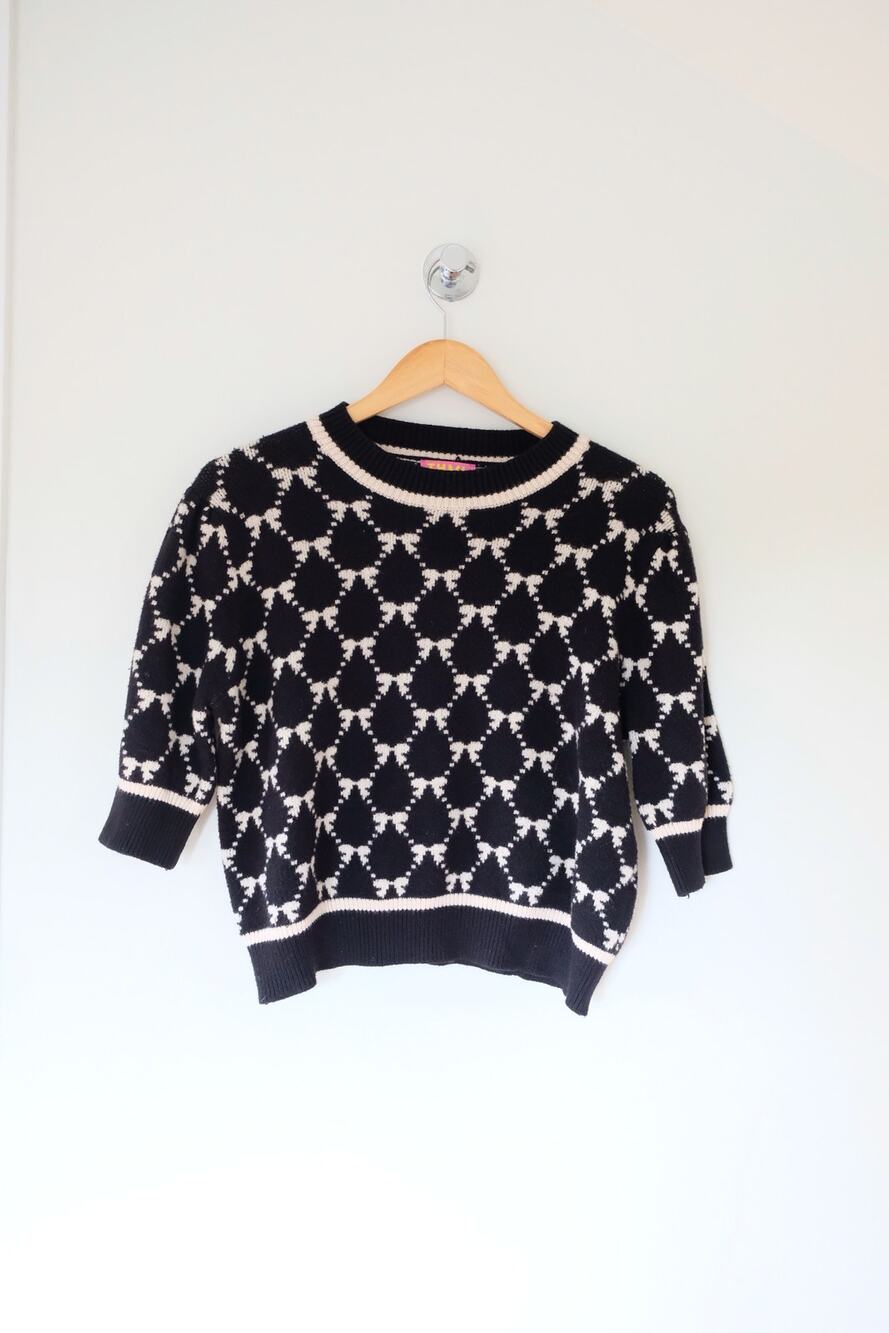 THML Anthropologie Bow Print Sweater XL Black Cream Preppy Coquette 3/4 Sleeve
